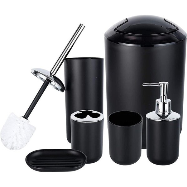 Catzon Bathroom Accessories Set of 6 with Toothbrush Holder Cup Soap Dispenser Trash Can Plastic Bathroom Set-Black