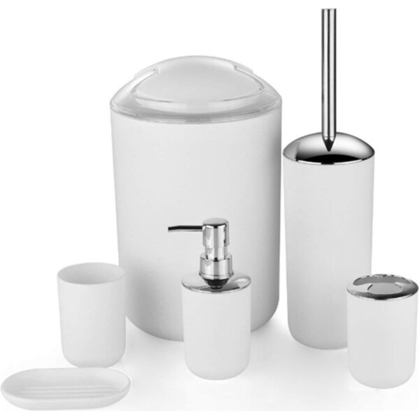 Catzon Bathroom Accessories Set of 6 with Toothbrush Holder Cup Soap Dispenser Trash Can Plastic Bathroom Set-White