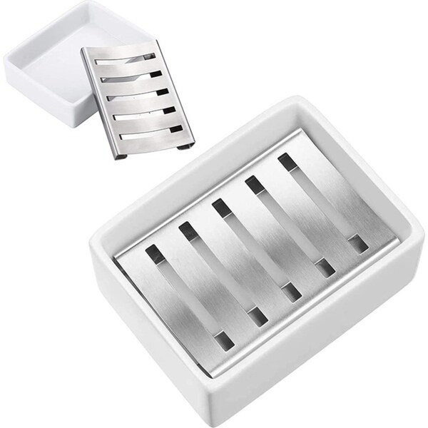 Catzon Ceramic Bar Soap Holder Dish for Shower-Countertop Double Layer Soap Dish with Stainless Steel Drain Tray