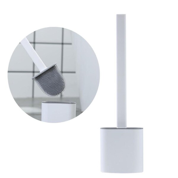 Catzon Silicone Bristles Toilet Brush and Holder with Non-Slip Long Handle Wall Mounted No Drilling-White