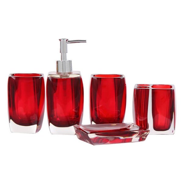 Catzon 5 Piece Bathroom Accessory Set Resin Toothbrush Holder Soap Dispenser-Red
