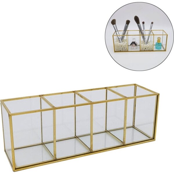Catzon 4-Compartment Organizer Vintage Brass and Glass Storage Makeup Brush Holder