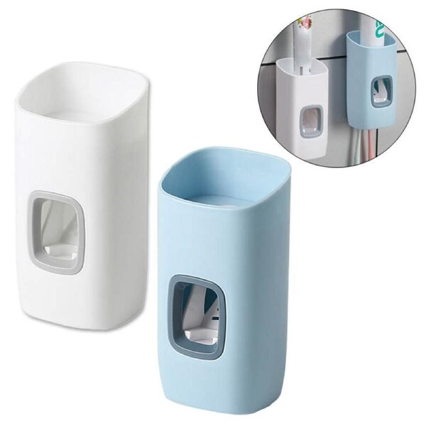 Catzon 2Pcs Toothpaste Dispenser and Toothbrush Holder Set Wall-Mounted Bathroom Accessories-Blue White