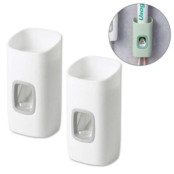 Catzon 2Pcs Toothpaste Dispenser and Toothbrush Holder Set Wall-Mounted Bathroom Accessories-White