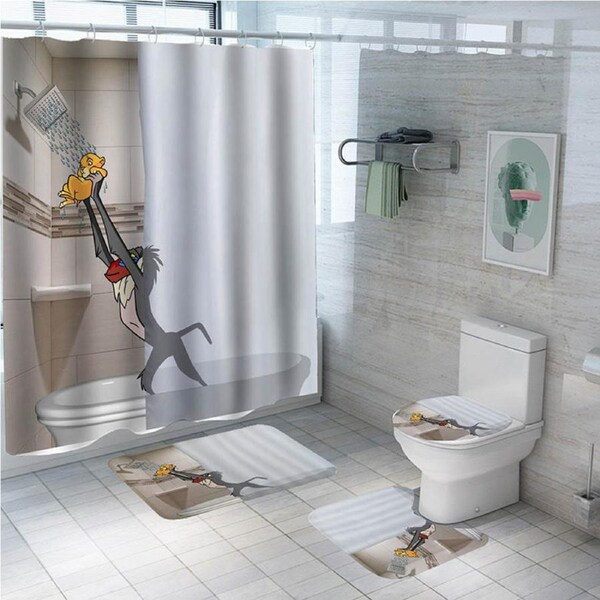 Catzon 4PCS Funny Cartoon Shower Curtain Set Bathroom Non Slip Rugs Toilet Lid Cover-93