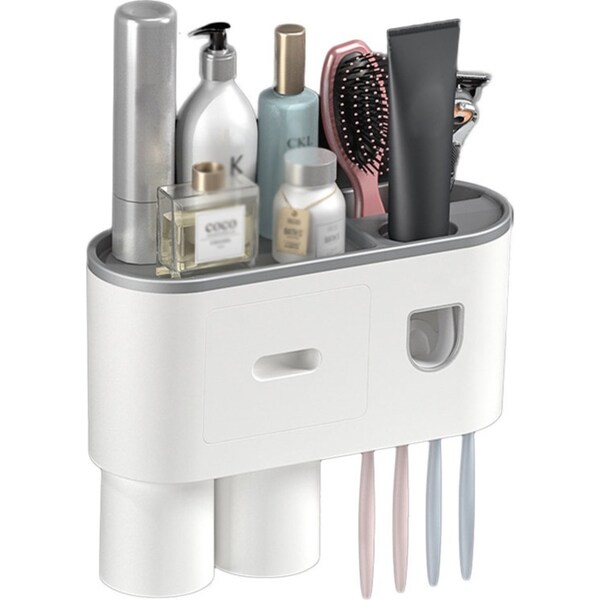 Catzon Wall Mounted Toothbrush Holder Automatic Toothpaste Dispenser Kit with Magnetic Cups-Grey