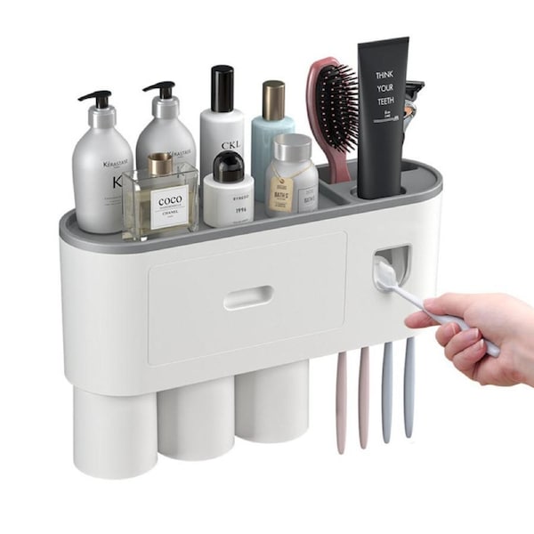 Catzon Wall Mounted Toothbrush Holder Automatic Toothpaste Dispenser Kit with Magnetic Cups-Grey