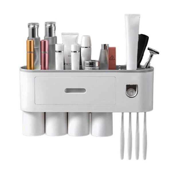 Catzon Wall Mounted Toothbrush Holder Automatic Toothpaste Dispenser Kit with Magnetic Cups-Grey