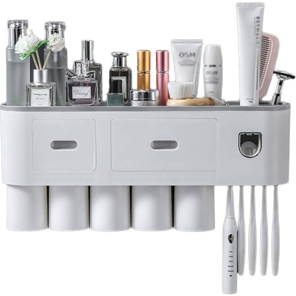 Catzon Wall Mounted Toothbrush Holder Automatic Toothpaste Dispenser Kit with Magnetic Cups-Grey