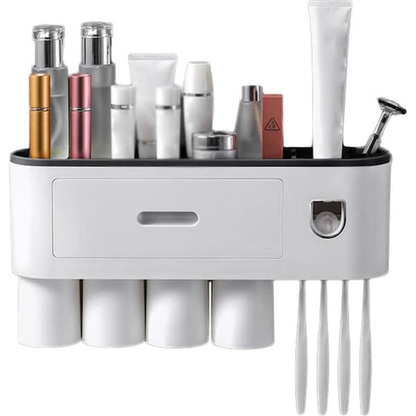 Catzon Wall Mounted Toothbrush Holder Automatic Toothpaste Dispenser Kit with Magnetic Cups-Black