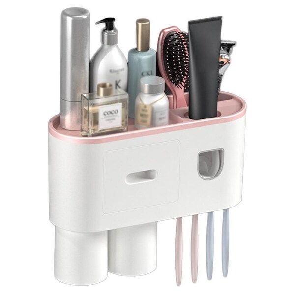 Catzon Wall Mounted Toothbrush Holder Automatic Toothpaste Dispenser Kit with Magnetic Cups-Pink