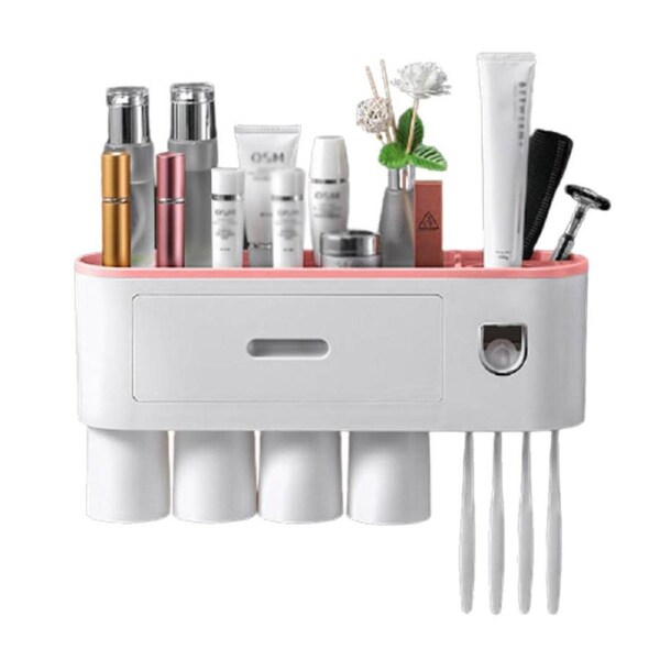 Catzon Wall Mounted Toothbrush Holder Automatic Toothpaste Dispenser Kit with Magnetic Cups-Pink