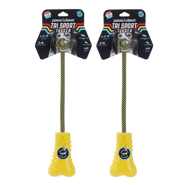 2x Paws & Claws 23x7.6x5.8cm Tri Sport Bone Tugger Dog/Pet Interactive Toys YEL