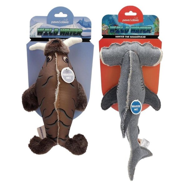 2x Paws & Claws 33cm Wild Water Animalz Dog/Pet Interactive Squeker Toy Assorted