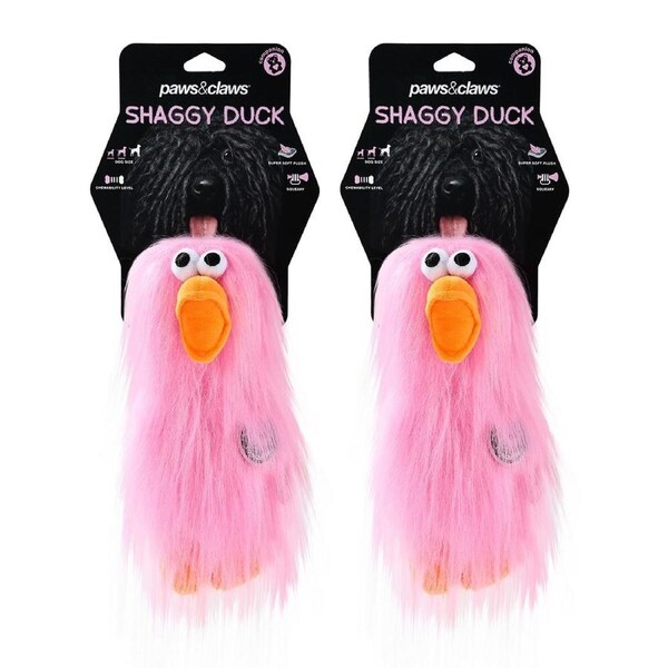 2x Paws & Claws 22cm Super Shaggy Duck Dog/Pet Soft Plush Squeker ToysPink
