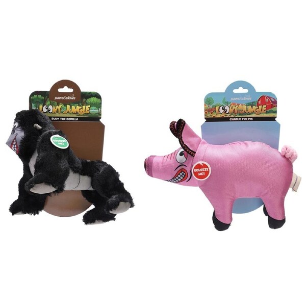 2x Paws & Claws 23cm Loony Jungle Dog/Pet Plush Interactive Toy Squeker Assorted