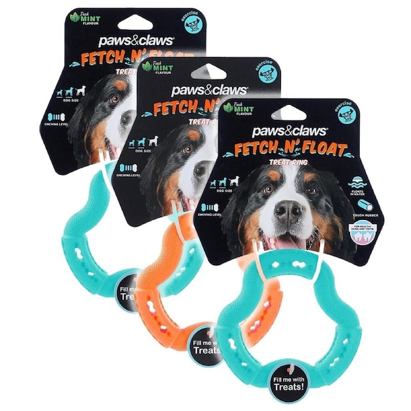 3x Paws & Claws 12.3x12.3x3.1cm Fetch N' Play Treat Ring Dog/Pet Rubber Toy ASST