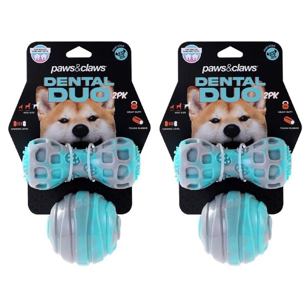 4pc Paws & Claws Dental Duo Pet Dog Teeth Clean Rubber Chew Ball/Baton Toy Blue