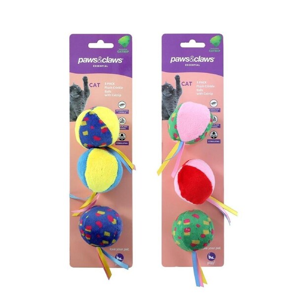 6pc Paws & Claws Soft Plush Crinkle Toss Balls Catnip Pet Cat Play Toy Assorted