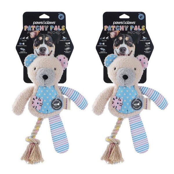 2PK Paws & Claws 36cm Patchy Pals Plush Rope Bear Pet Dog/Cat Interactive Toy