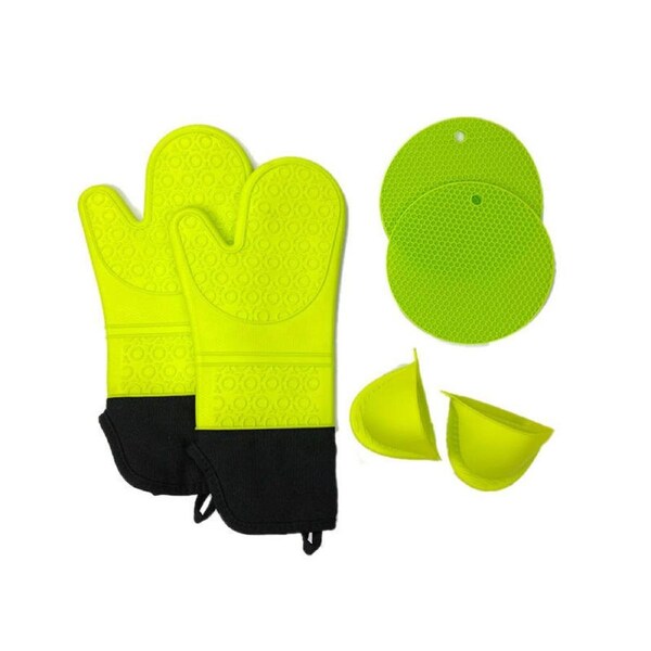 Catzon 6-Piece Extra Long Oven Mitts And Pot Holders Heat Resistant Mat Sets-Green
