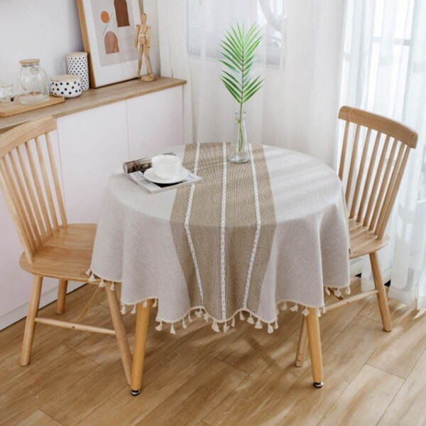 Catzon Stitching Tassel Table Cloth Kitchen Decoration Round Dustproof Tablecloth-Coffee