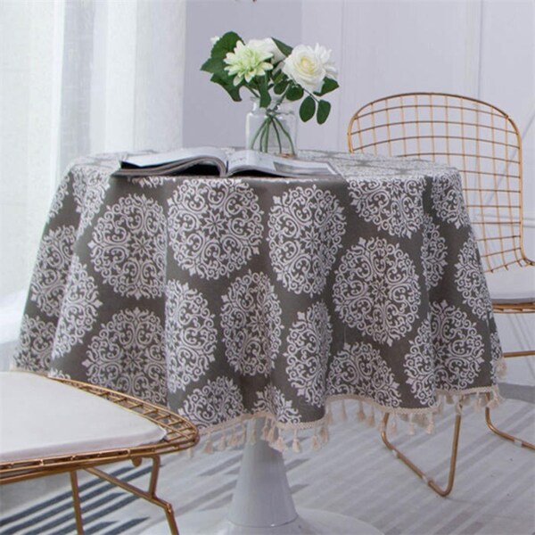 Catzon Round Grey Medallion Tablecloth Cotton Linen Dust-Proof Table Cloth