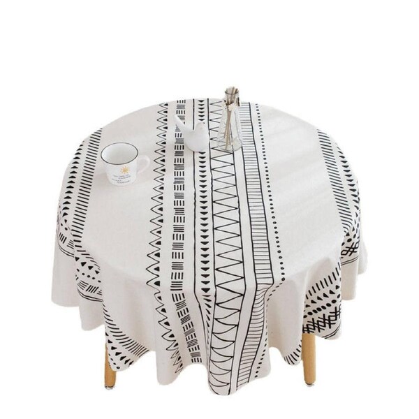 Catzon Print Round Tablecloth Cotton Linen Decorative Table Cover-Black