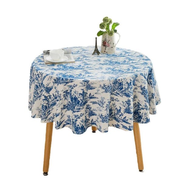 Catzon Print Round Tablecloth Cotton Linen Decorative Table Cover-Blue