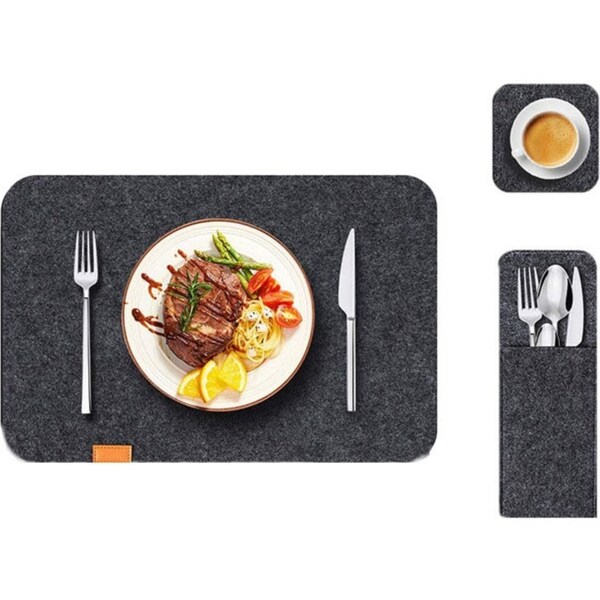 Catzon 1 Pack Felt Placemats Coasters Cutlery Set Heat-Resistant Non-Slip Table Mats for Home-Dark Gray