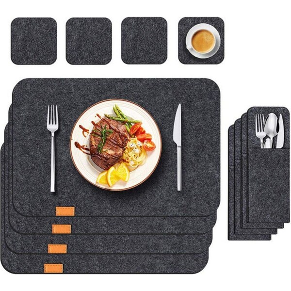 Catzon 4 Pack Felt Placemats Coasters Cutlery Set Heat-Resistant Non-Slip Table Mats for Home-Dark Gray