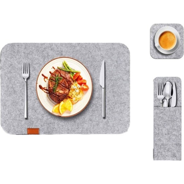 Catzon 1 Pack Felt Placemats Coasters Cutlery Set Heat-Resistant Non-Slip Table Mats for Home-Light Gray