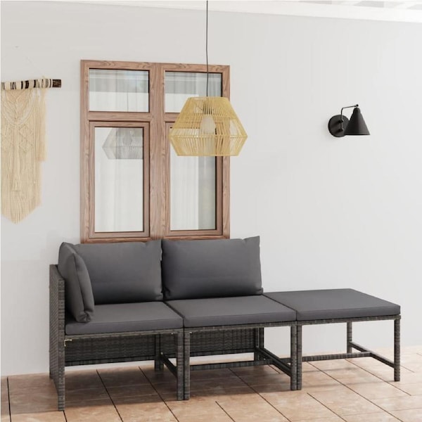 3 Piece Garden Lounge Set with Cushions Poly Rattan Grey vidaXL