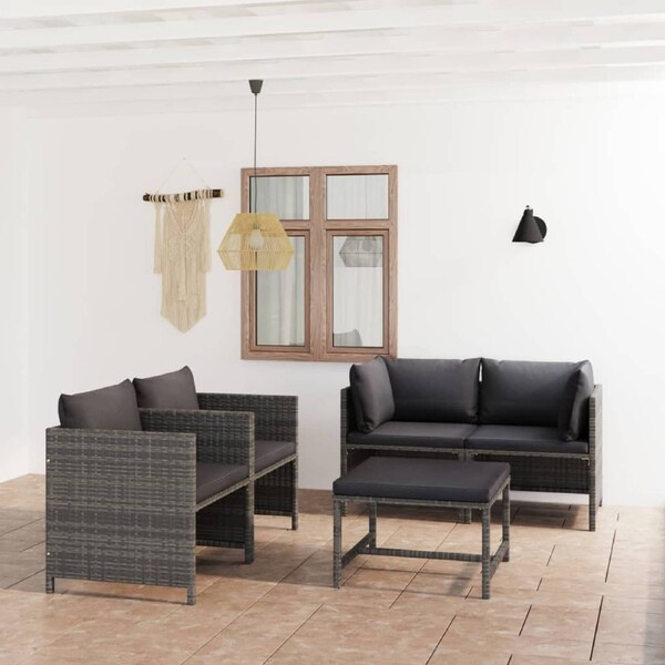 5 Piece Garden Lounge Set with Cushions Poly Rattan Grey vidaXL