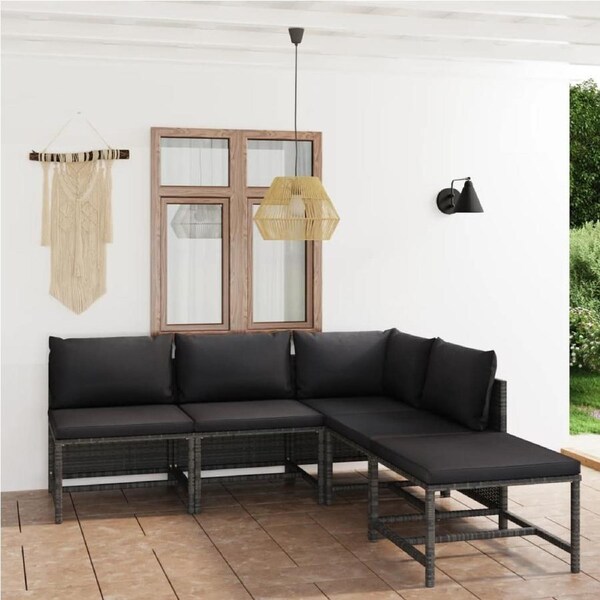 5 Piece Garden Lounge Set with Cushions Poly Rattan Grey vidaXL