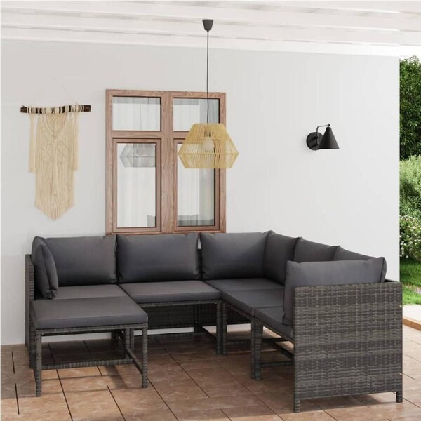 6 Piece Garden Lounge Set with Cushions Poly Rattan Grey vidaXL