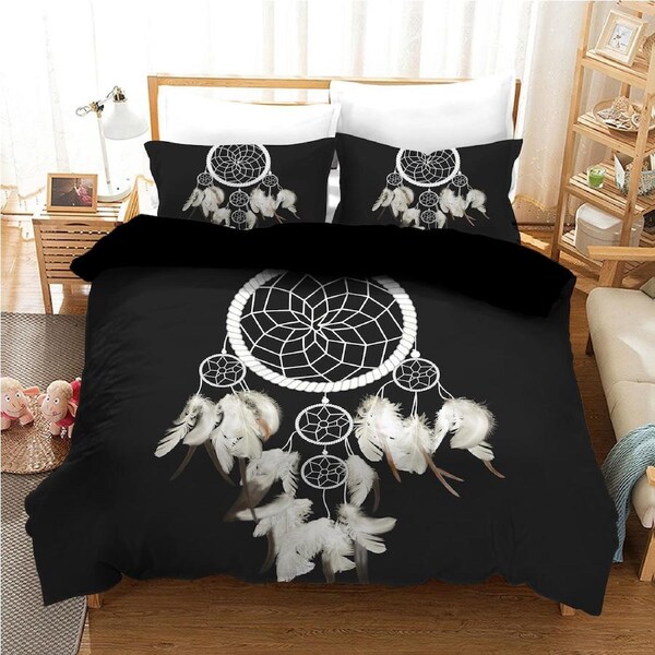 Black Feather Dream Catcher Quilt Doona Duvet Cover Pillow Case Set King, 2 Pillow Cases