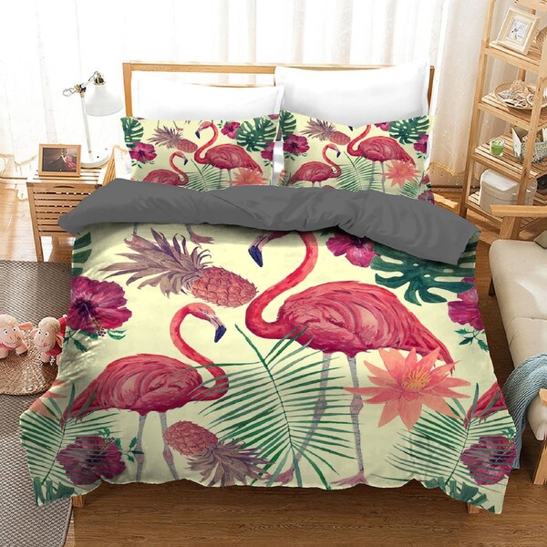 Flamingo Tropical Quilt Doona Duvet Cover Pillow Case Set King, 2 Pillow Cases