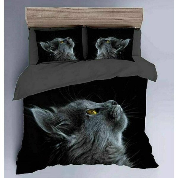 Grey Cat Looking Up Quilt Doona Duvet Cover Pillow Case Set King, 2 Pillow Cases