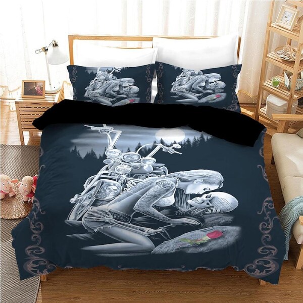 Kissing Skull Motorbike Quilt Doona Duvet Cover Pillow Case Set King, 2 Pillow Cases