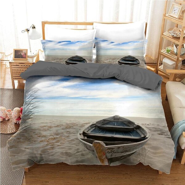 Ocean Beach Boat Quilt Doona Duvet Cover Pillow Case Set Queen, 2 Pillow Cases
