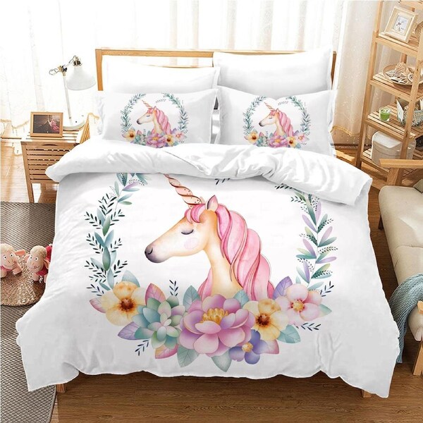 White Floral Unicorn Quilt Doona Duvet Cover Pillow Case Set Queen, 2 Pillow Cases