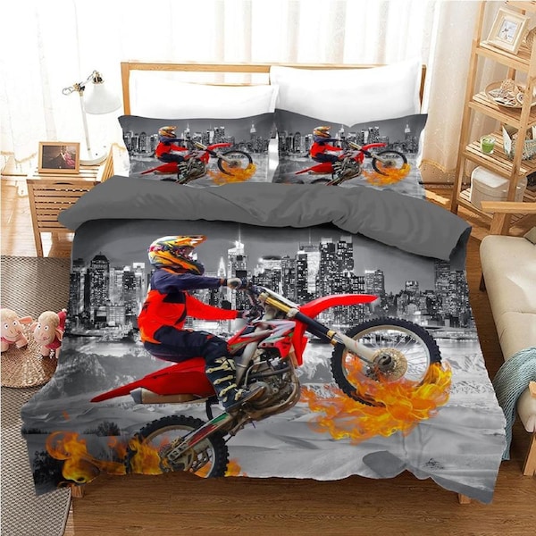 Dirt Bike Motorcycle Racing Quilt Doona Duvet Cover Pillow Case Set Single, 1 Pillow Case