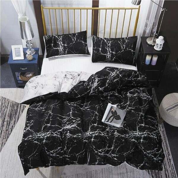 Black White Marble Quilt Doona Duvet Cover Pillow Case Set Double