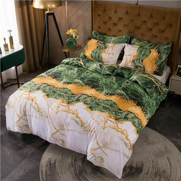 Gold Green Marble Quilt Doona Duvet Cover Pillow Case Set Double