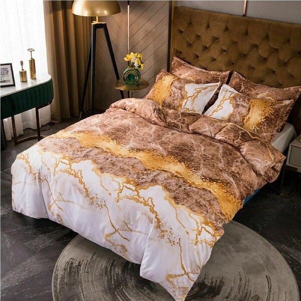 Gold Brown Marble Quilt Doona Duvet Cover Pillow Case Set Queen