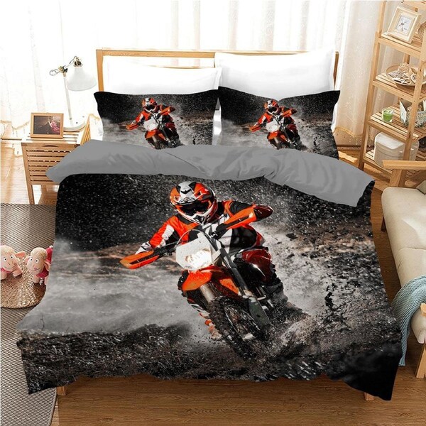 Red Dirt Bike Motorcycle Racing Quilt Doona Duvet Cover Pillow Case Set Queen, 2 Pillow Cases