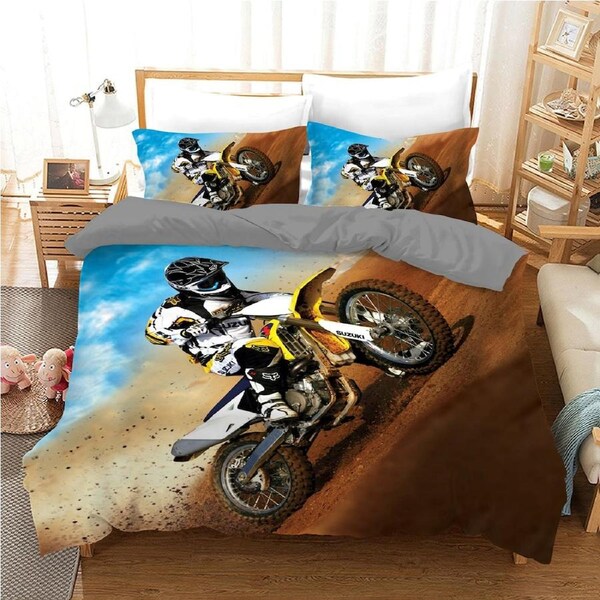 Yellow Dirt Bike Motorcycle Racing Quilt Doona Duvet Cover Pillow Case Set Single, 1 Pillow Case