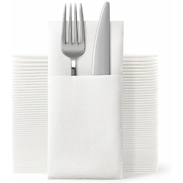 Disposable Cloth Like Napkins, Built-in Flatware Pocket, Wedding Party Linen Feel White Napkin, Prefolded for Silverware,50 Count