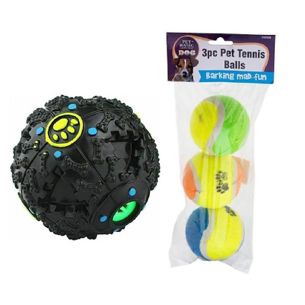 4pcs Pet Tennis Balls & 10CM Tumbler Treat Dispenser Interactive Play Fetch Game